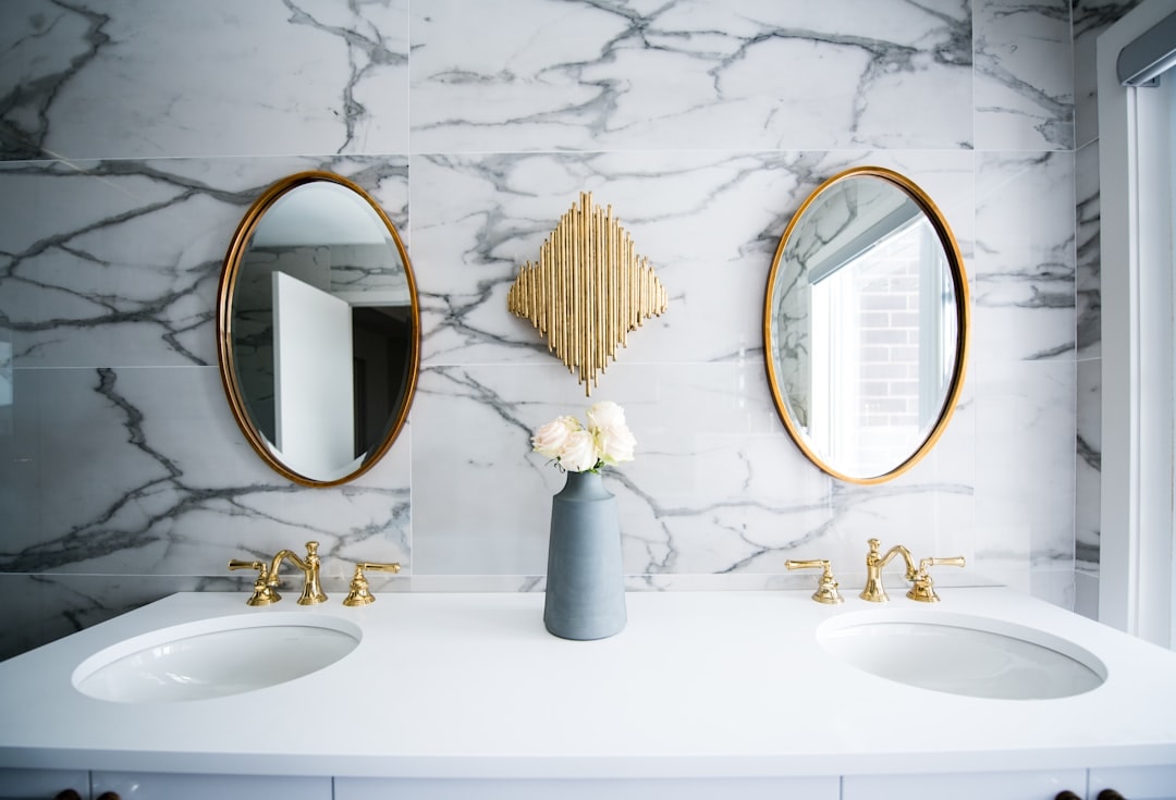 Marble bathroom with bathtub and vanity