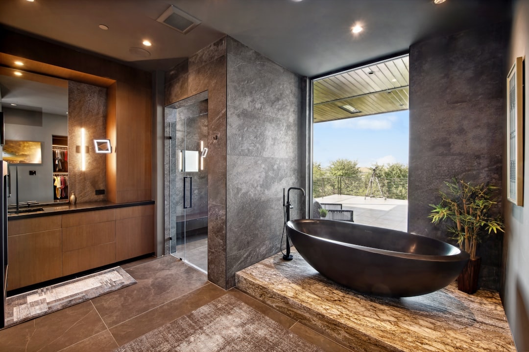 Luxurious bathroom with freestanding bathtub